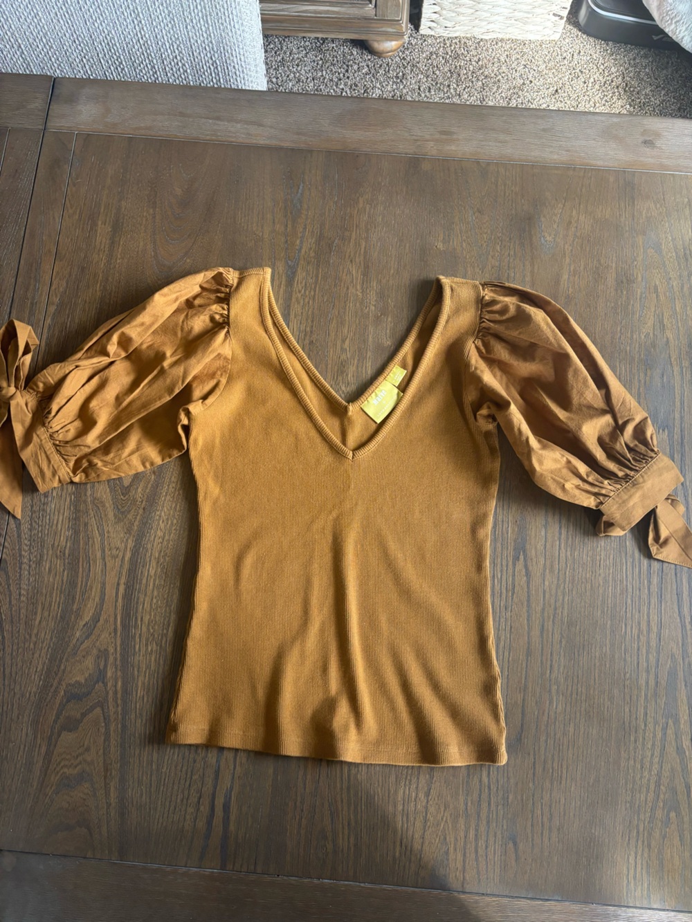 Maeve V-Neck Puff Sleeve Top in Mustard Brown